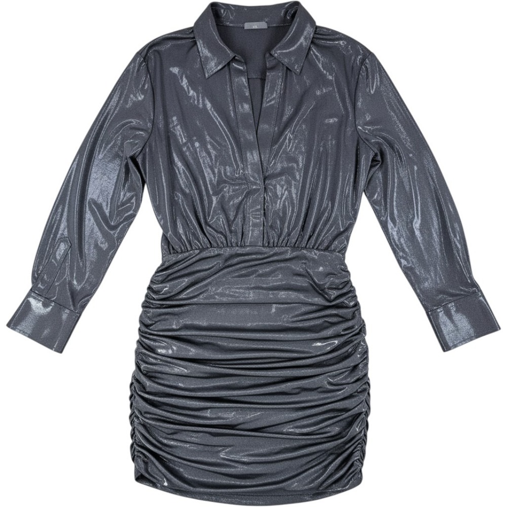 Norma Kamali Ruched Mini Dress Womens M Grey Metallic Long Sleeve Cocktail Party
